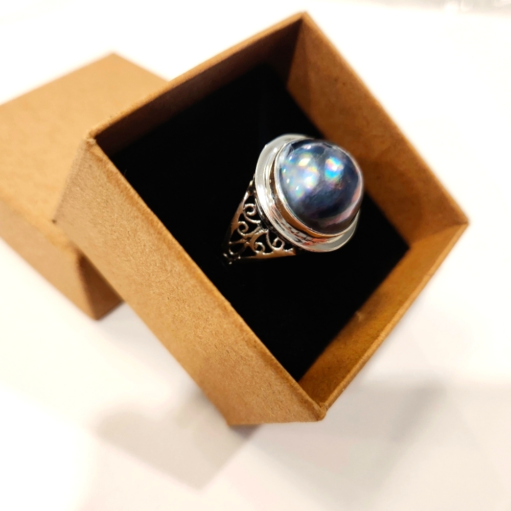 New Sterling Silver Genuine Blue Mabe Pearl & Filigree Ring